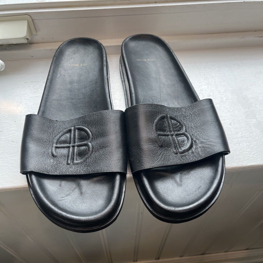 Women's Anine Bing 9 Monogram AB Leather Slide Sandals Vibram Sole